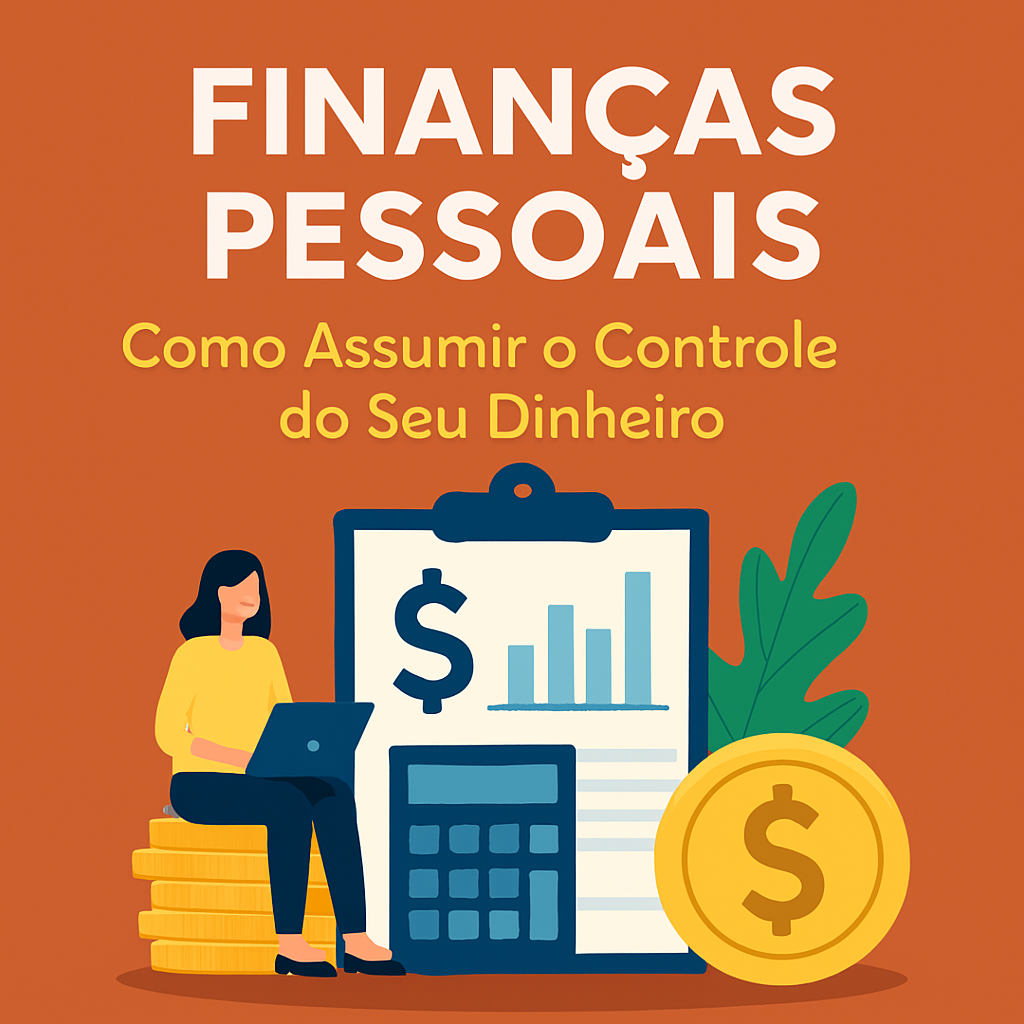 Ilustração em estilo flat sobre finanças pessoais, mostrando uma mulher usando notebook sobre moedas, ao lado de gráficos, calculadora e símbolo de dólar — representando organização financeira e controle do orçamento